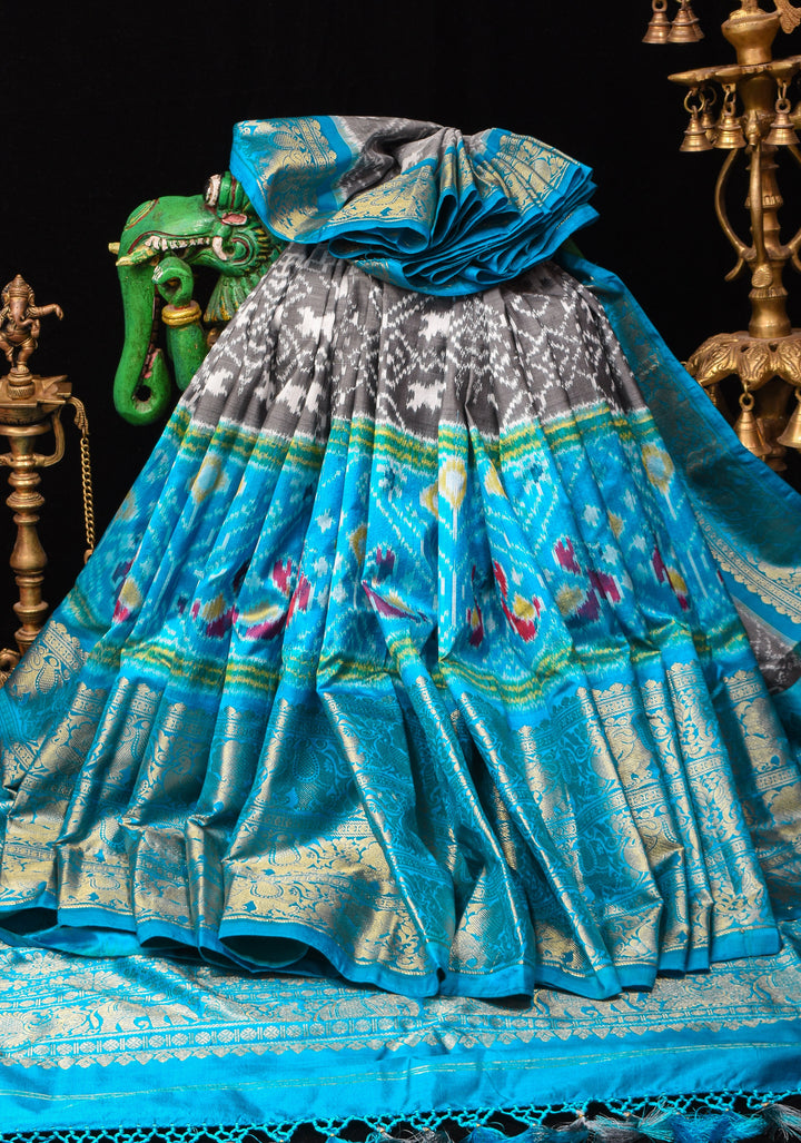 Gray Ikkat Patola  Kanjivaram Fusion Silk Saree with wide zari border and contrast Ikkat Panel |SILK MARK CERTIFIED