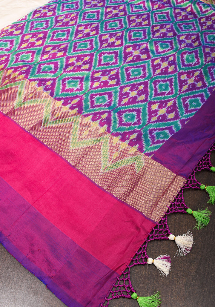 Pure Pochampally Ikkat SIlk Saree with striking Ganga Jamuna Borders and Ikkat Pallu and Blouse piece | SILK MARK CERTIFIED