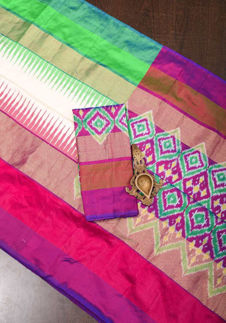 Pure Pochampally Ikkat SIlk Saree with striking Ganga Jamuna Borders and Ikkat Pallu and Blouse piece | SILK MARK CERTIFIED