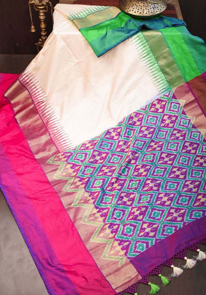 Pure Pochampally Ikkat SIlk Saree with striking Ganga Jamuna Borders and Ikkat Pallu and Blouse piece | SILK MARK CERTIFIED