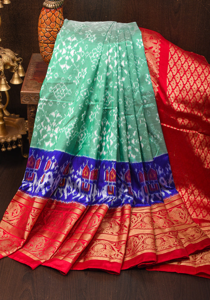 Sea Green Ikkat Kanjivaram Fusion Silk Saree with ikkat panel and Red Contrast borders |SILK MARK CERTIFIED
