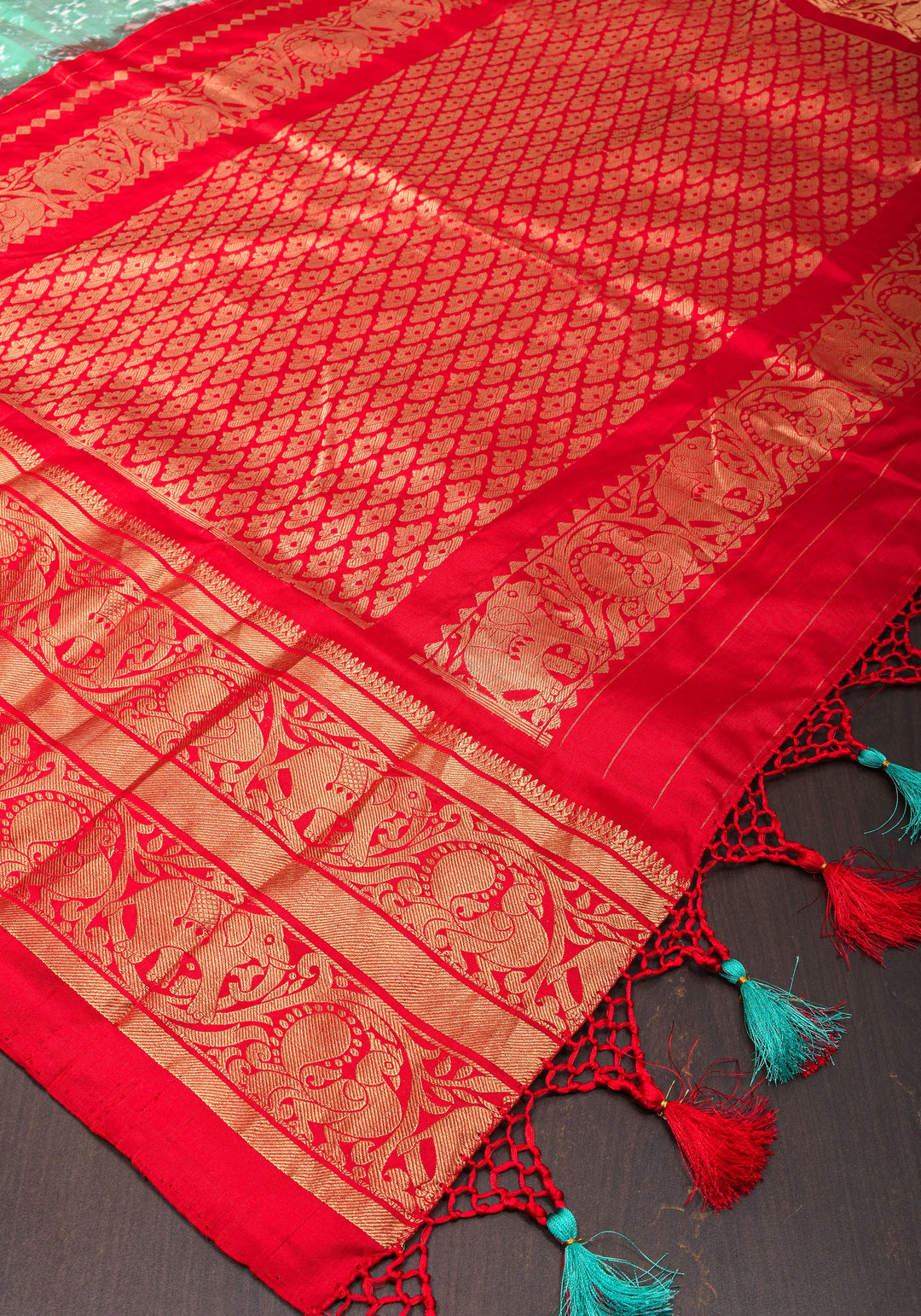 Sea Green Ikkat Kanjivaram Fusion Silk Saree with ikkat panel and Red Contrast borders |SILK MARK CERTIFIED