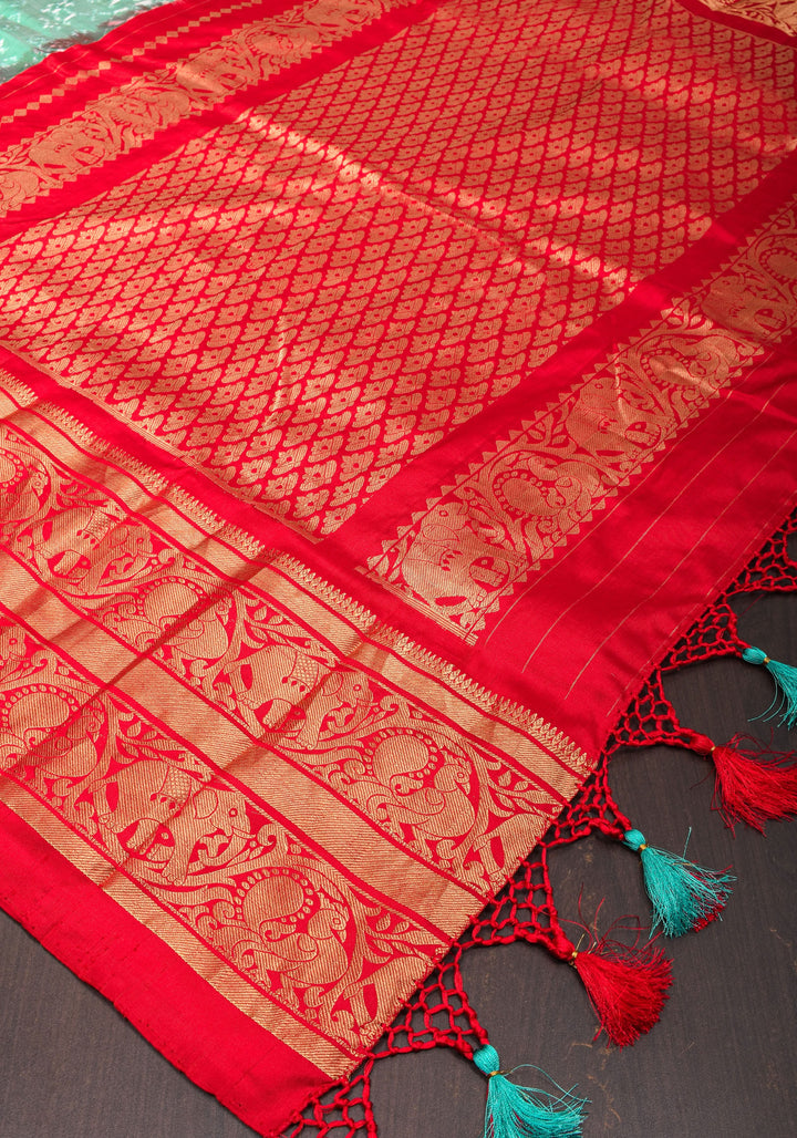 Sea Green Ikkat Kanjivaram Fusion Silk Saree with ikkat panel and Red Contrast borders |SILK MARK CERTIFIED