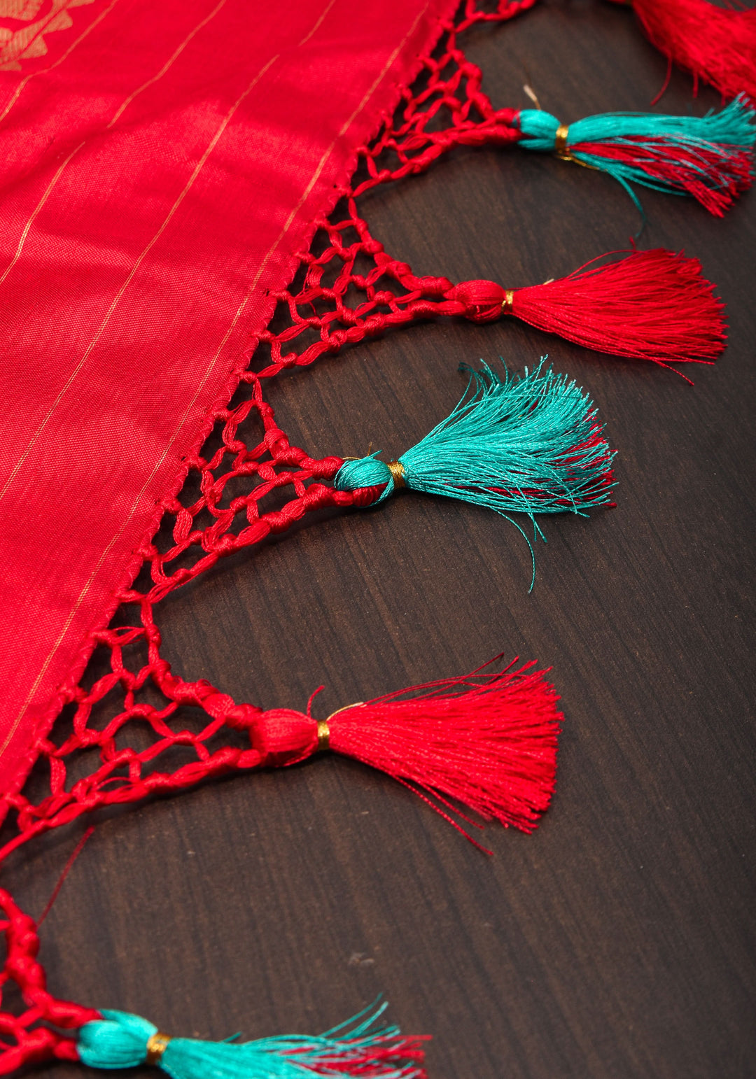 Sea Green Ikkat Kanjivaram Fusion Silk Saree with ikkat panel and Red Contrast borders |SILK MARK CERTIFIED