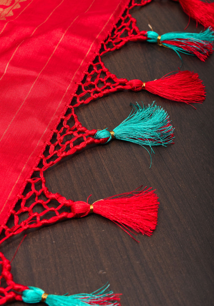 Sea Green Ikkat Kanjivaram Fusion Silk Saree with ikkat panel and Red Contrast borders |SILK MARK CERTIFIED