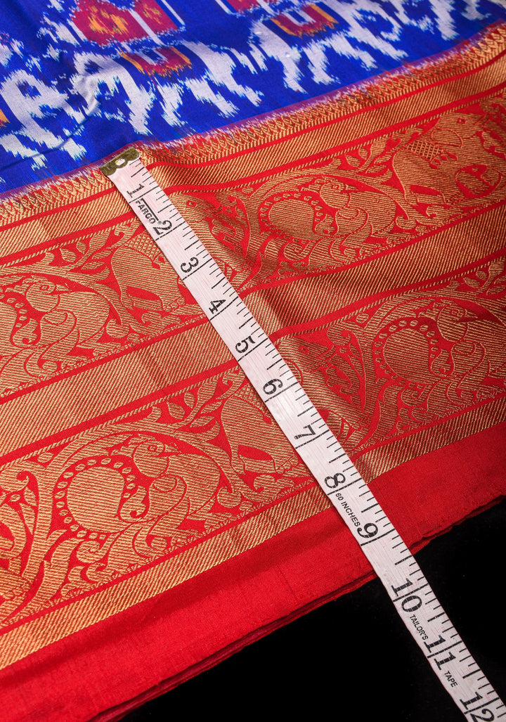 Sea Green Ikkat Kanjivaram Fusion Silk Saree with ikkat panel and Red Contrast borders |SILK MARK CERTIFIED