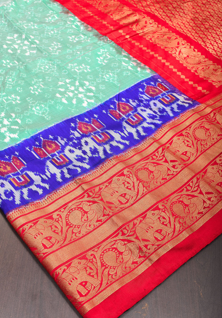 Sea Green Ikkat Kanjivaram Fusion Silk Saree with ikkat panel and Red Contrast borders |SILK MARK CERTIFIED