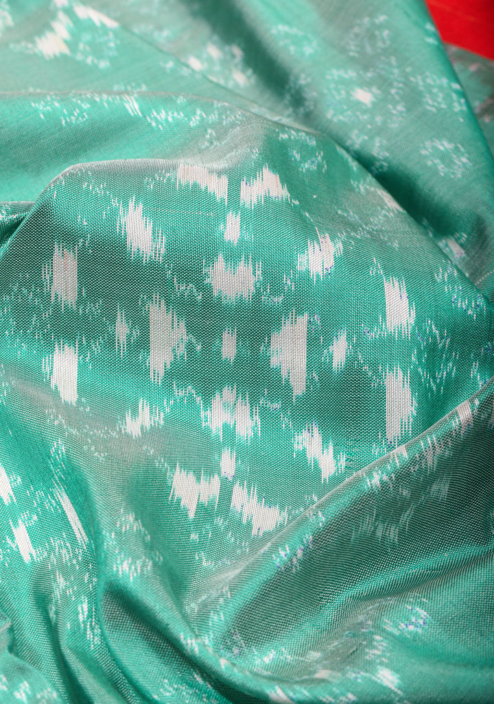 Sea Green Ikkat Kanjivaram Fusion Silk Saree with ikkat panel and Red Contrast borders |SILK MARK CERTIFIED