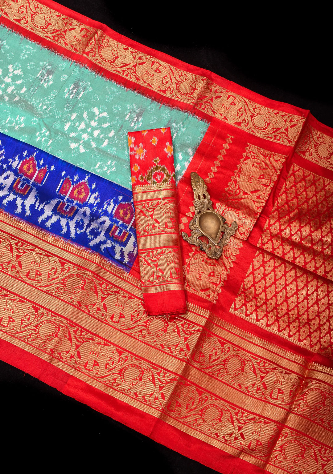 Sea Green Ikkat Kanjivaram Fusion Silk Saree with ikkat panel and Red Contrast borders |SILK MARK CERTIFIED