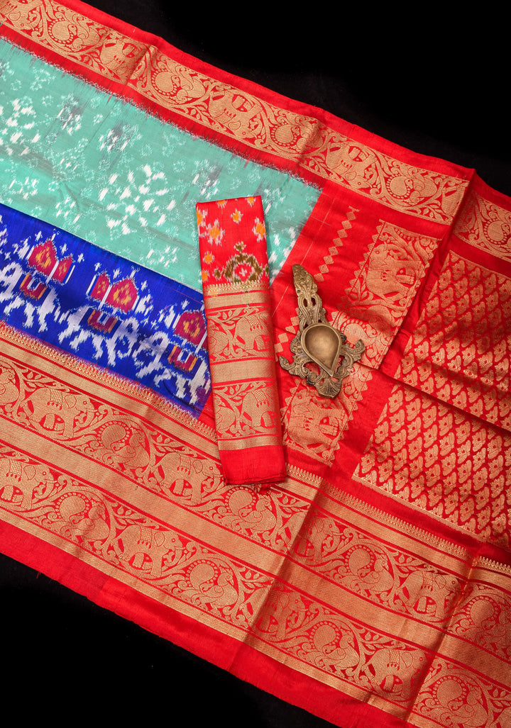 Sea Green Ikkat Kanjivaram Fusion Silk Saree with ikkat panel and Red Contrast borders |SILK MARK CERTIFIED