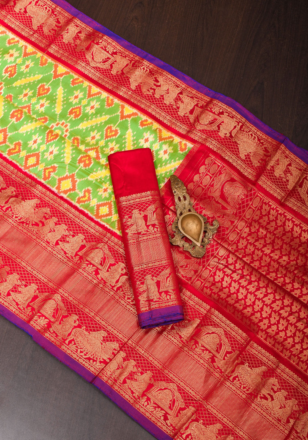 Green Stunning Ikkat Patola Kanjivaram Fusion Silk Saree with zari border | SILK MARK CERTIFIED