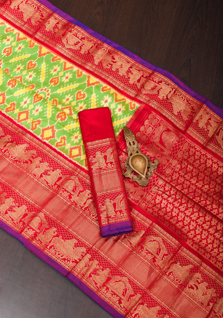 Green Stunning Ikkat Patola Kanjivaram Fusion Silk Saree with zari border | SILK MARK CERTIFIED