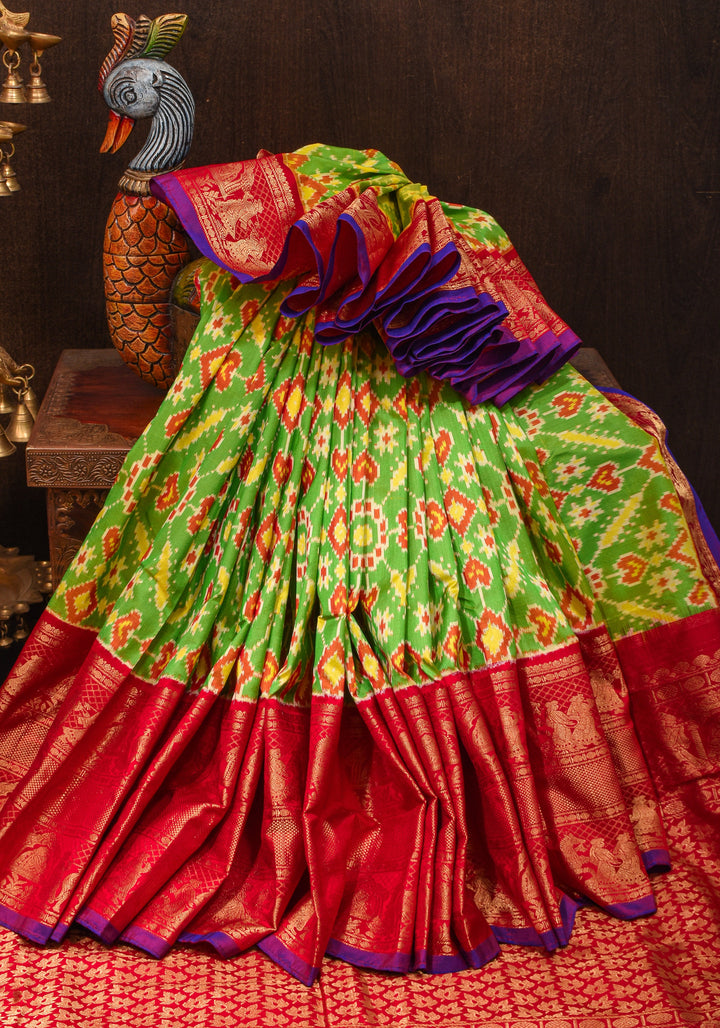 Green Stunning Ikkat Patola Kanjivaram Fusion Silk Saree with zari border | SILK MARK CERTIFIED