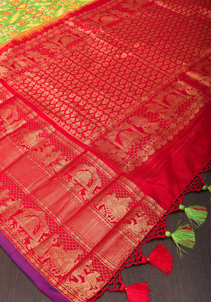 Green Stunning Ikkat Patola Kanjivaram Fusion Silk Saree with zari border | SILK MARK CERTIFIED