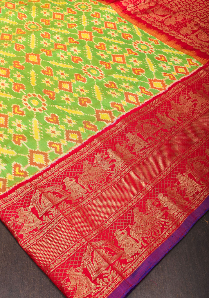 Green Stunning Ikkat Patola Kanjivaram Fusion Silk Saree with zari border | SILK MARK CERTIFIED