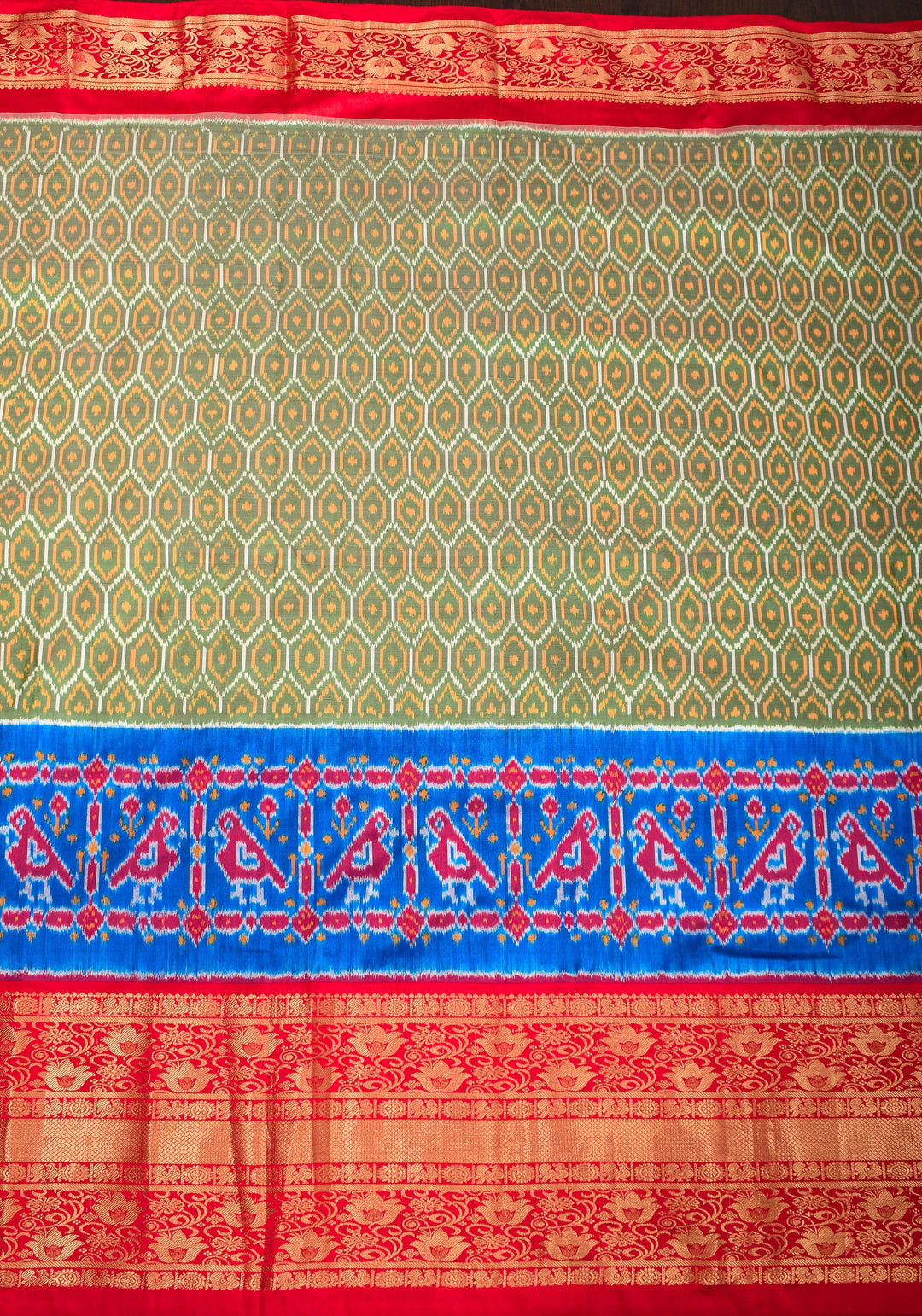Ikkat Patola Kanjivaram Fusion Silk Saree in Olive Green with Blue Ikkat Panel and Red Zari borders |SILK MARK CERTIFIED