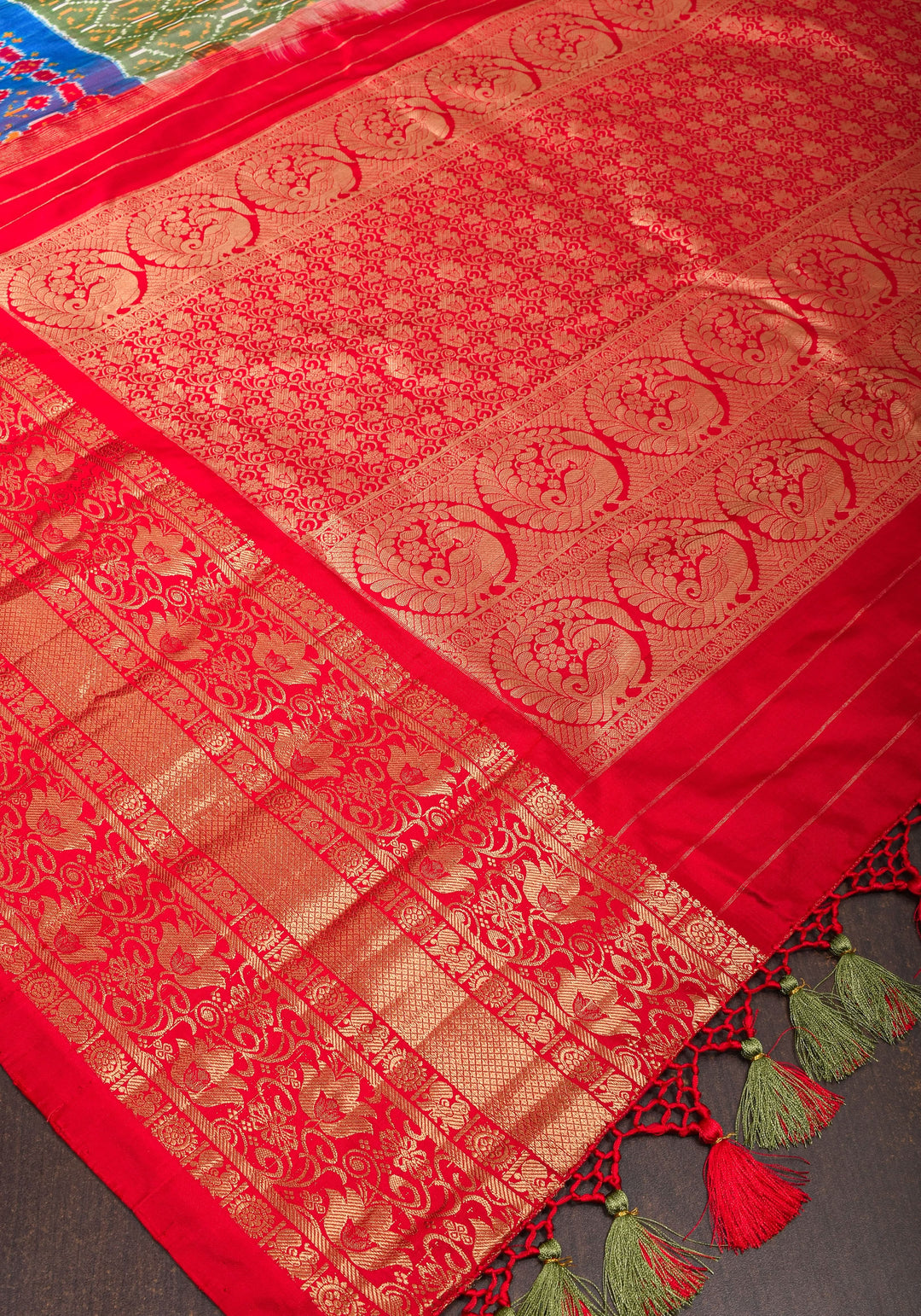 Ikkat Patola Kanjivaram Fusion Silk Saree in Olive Green with Blue Ikkat Panel and Red Zari borders |SILK MARK CERTIFIED