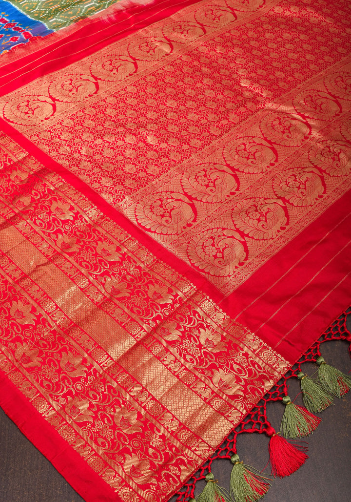 Ikkat Patola Kanjivaram Fusion Silk Saree in Olive Green with Blue Ikkat Panel and Red Zari borders |SILK MARK CERTIFIED