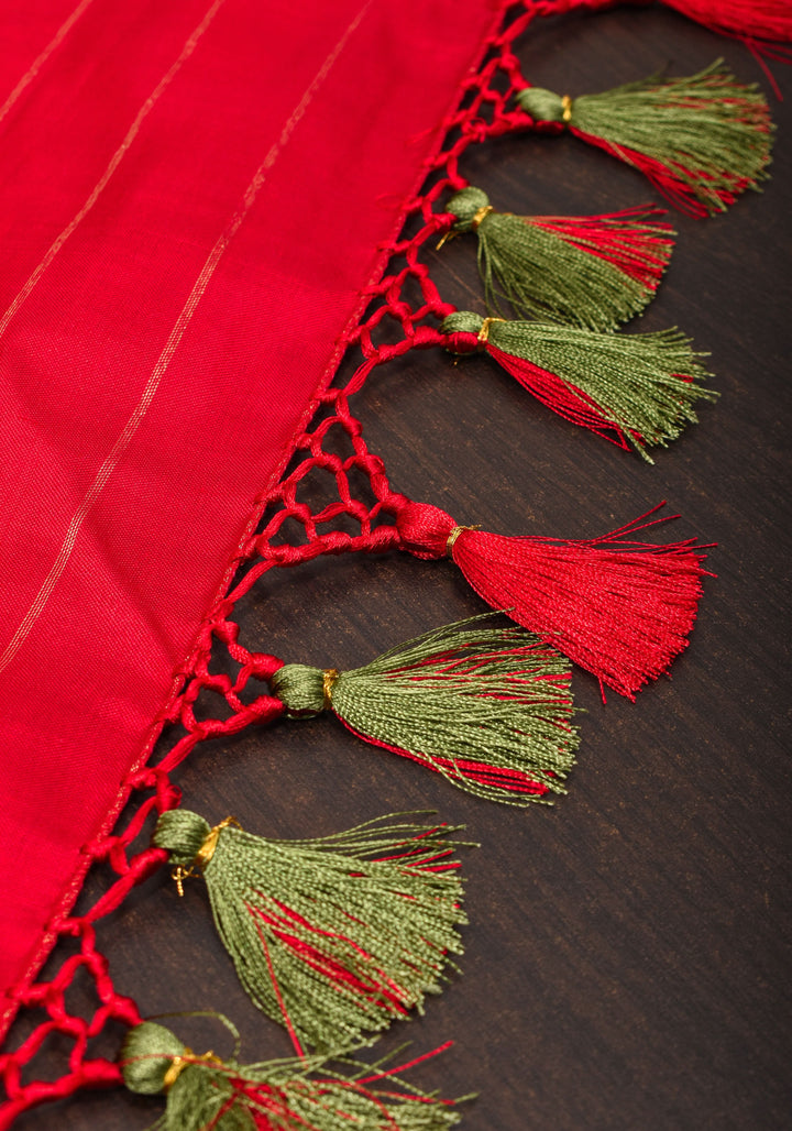 Ikkat Patola Kanjivaram Fusion Silk Saree in Olive Green with Blue Ikkat Panel and Red Zari borders |SILK MARK CERTIFIED