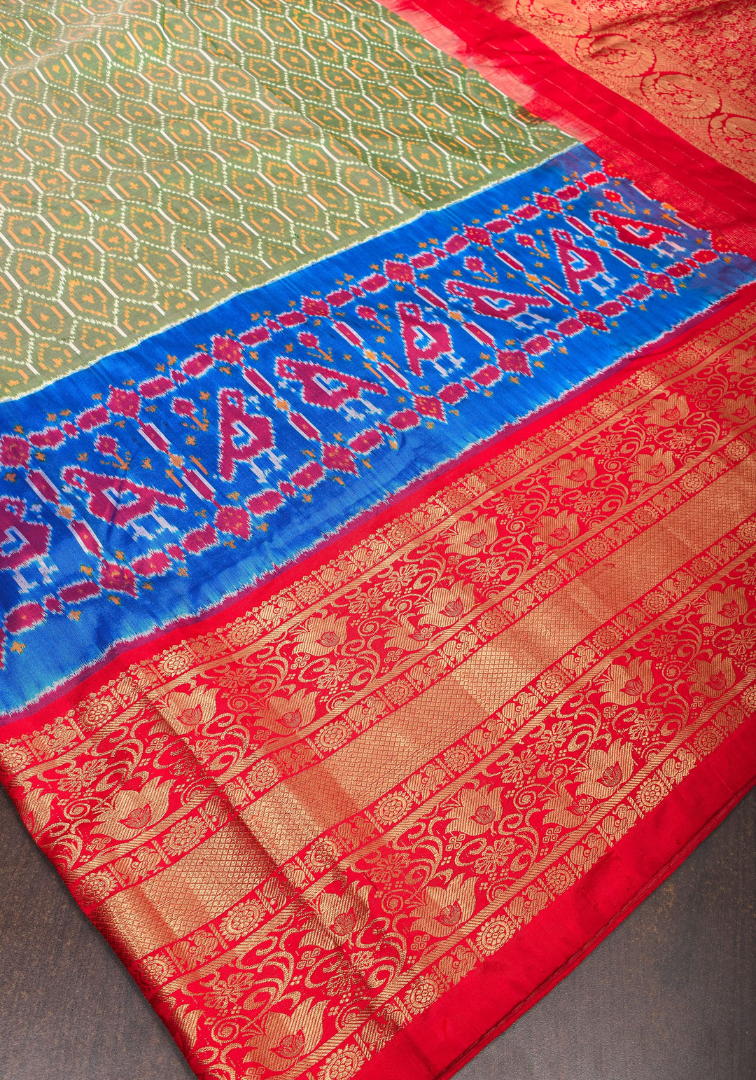 Ikkat Patola Kanjivaram Fusion Silk Saree in Olive Green with Blue Ikkat Panel and Red Zari borders |SILK MARK CERTIFIED