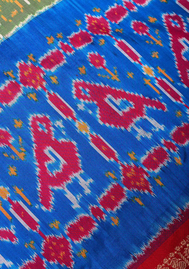 Ikkat Patola Kanjivaram Fusion Silk Saree in Olive Green with Blue Ikkat Panel and Red Zari borders |SILK MARK CERTIFIED
