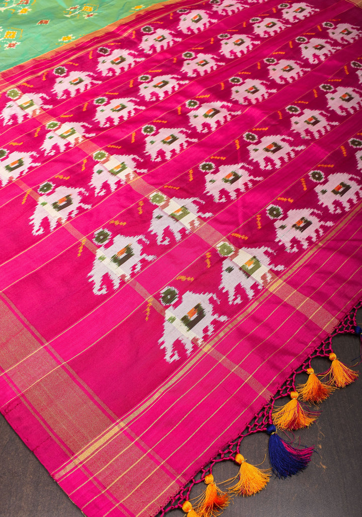 Green dual tone Ikkat Patola Panel design Silk Saree with zari border | SILK MARK CERTIFIED