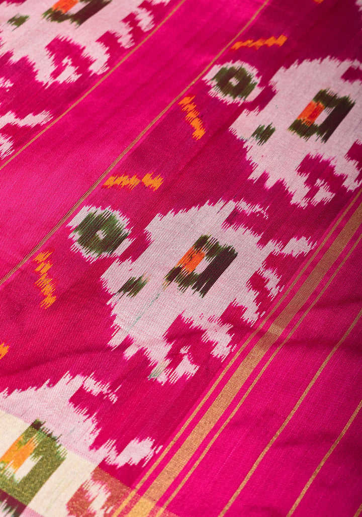 Green dual tone Ikkat Patola Panel design Silk Saree with zari border | SILK MARK CERTIFIED