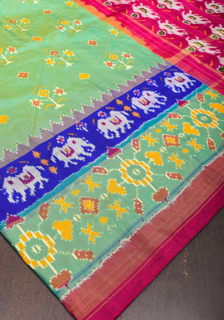 Green dual tone Ikkat Patola Panel design Silk Saree with zari border | SILK MARK CERTIFIED