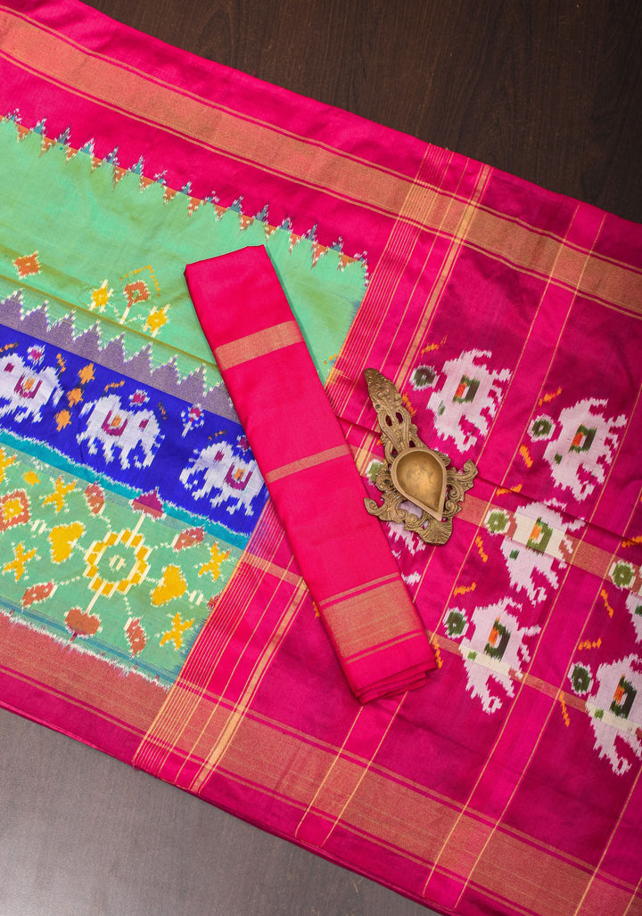 Green dual tone Ikkat Patola Panel design Silk Saree with zari border | SILK MARK CERTIFIED