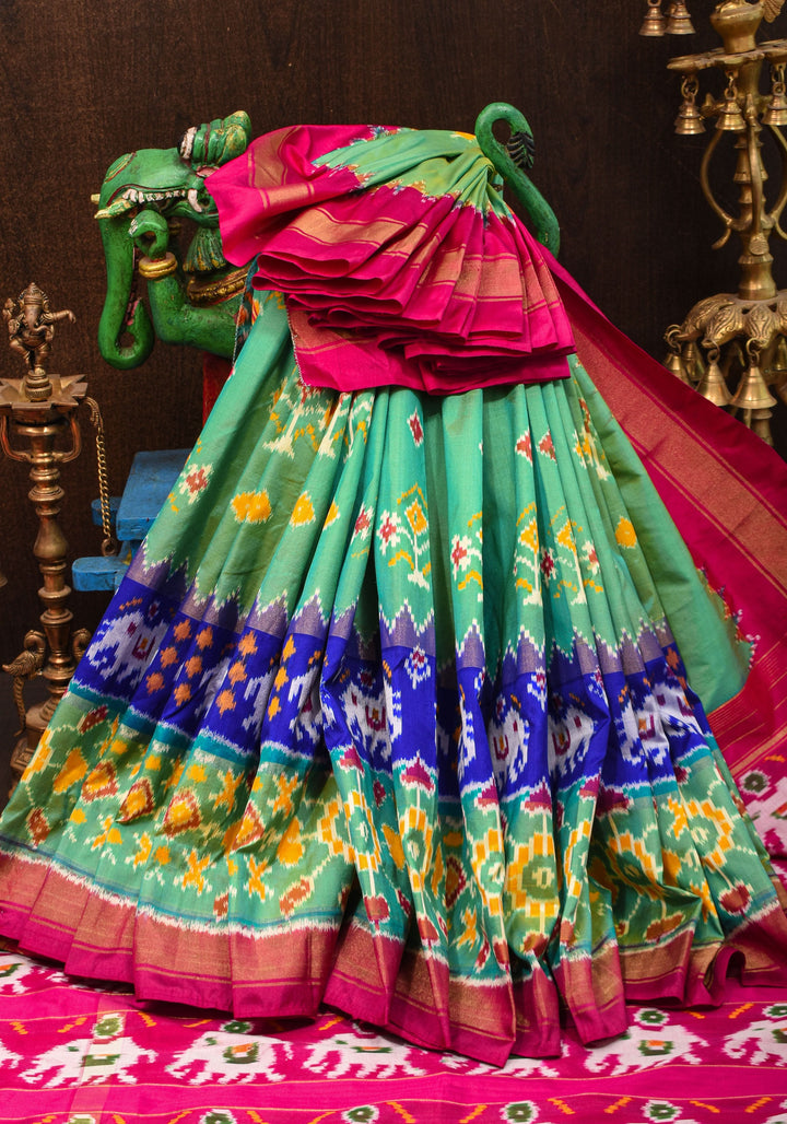 Green dual tone Ikkat Patola Panel design Silk Saree with zari border | SILK MARK CERTIFIED