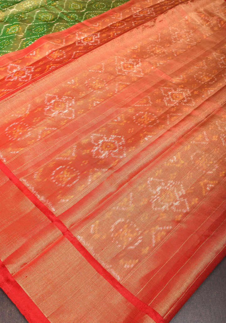 Pure Silk Tissue Ikkat Pochampally Silk Saree in Kelly Green and Red Border| SILK MARK CERTIFIED