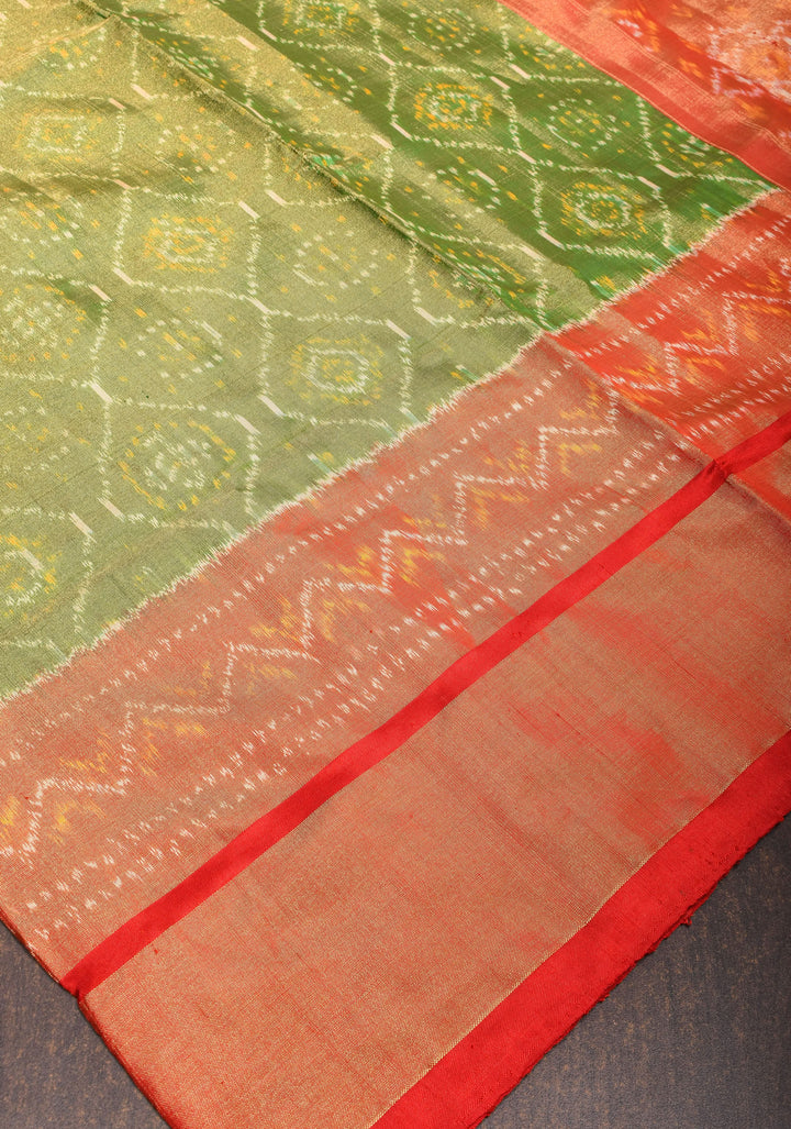 Pure Silk Tissue Ikkat Pochampally Silk Saree in Kelly Green and Red Border| SILK MARK CERTIFIED