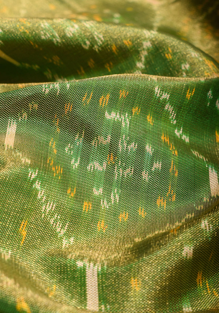 Pure Silk Tissue Ikkat Pochampally Silk Saree in Kelly Green and Red Border| SILK MARK CERTIFIED