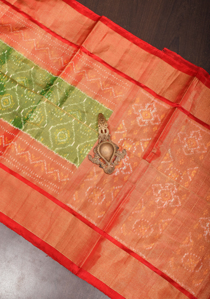 Pure Silk Tissue Ikkat Pochampally Silk Saree in Kelly Green and Red Border| SILK MARK CERTIFIED