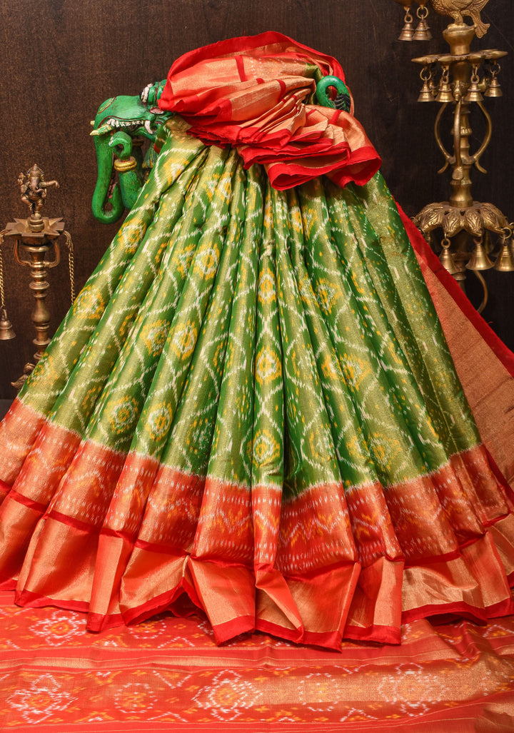 Pure Silk Tissue Ikkat Pochampally Silk Saree in Kelly Green and Red Border| SILK MARK CERTIFIED