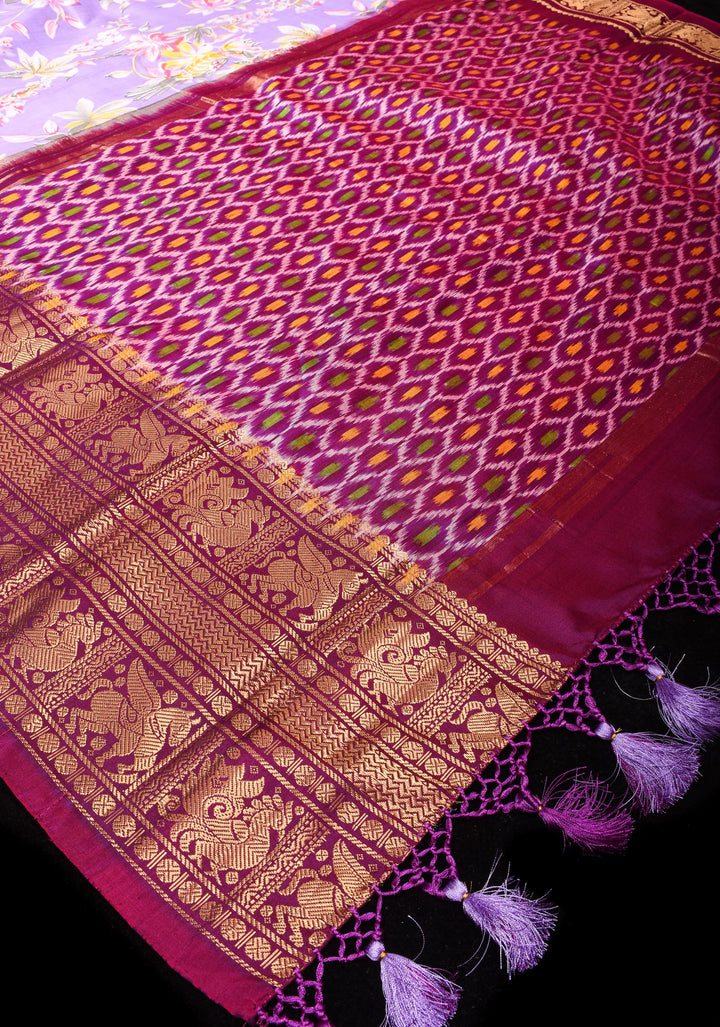 Exquisite Pochampally Ikkat Kanjivaram Pure Silk Digital Print saree in Lavender and Purple with Zari Border  I SILK MARK CERTIFIED