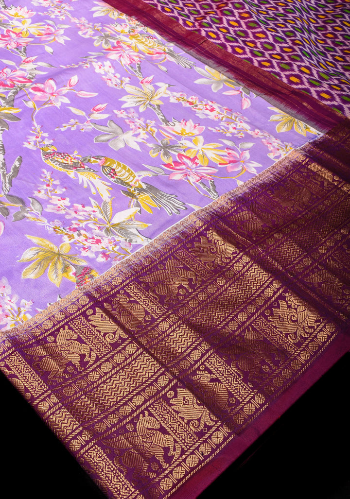 Exquisite Pochampally Ikkat Kanjivaram Pure Silk Digital Print saree in Lavender and Purple with Zari Border  I SILK MARK CERTIFIED