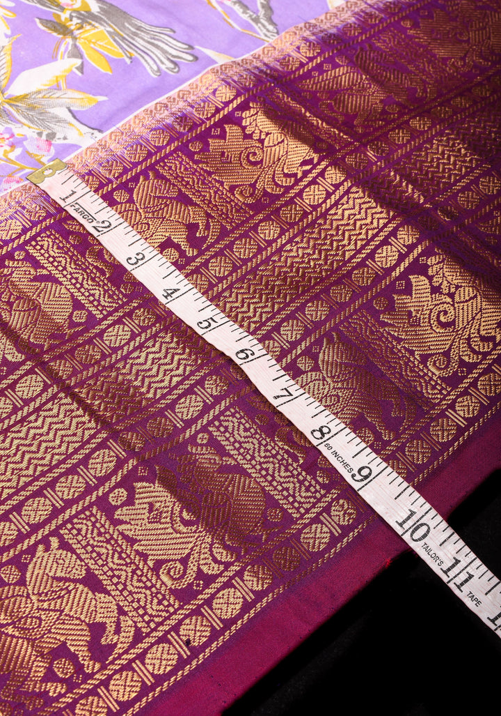 Exquisite Pochampally Ikkat Kanjivaram Pure Silk Digital Print saree in Lavender and Purple with Zari Border  I SILK MARK CERTIFIED