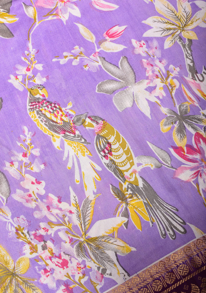 Exquisite Pochampally Ikkat Kanjivaram Pure Silk Digital Print saree in Lavender and Purple with Zari Border  I SILK MARK CERTIFIED