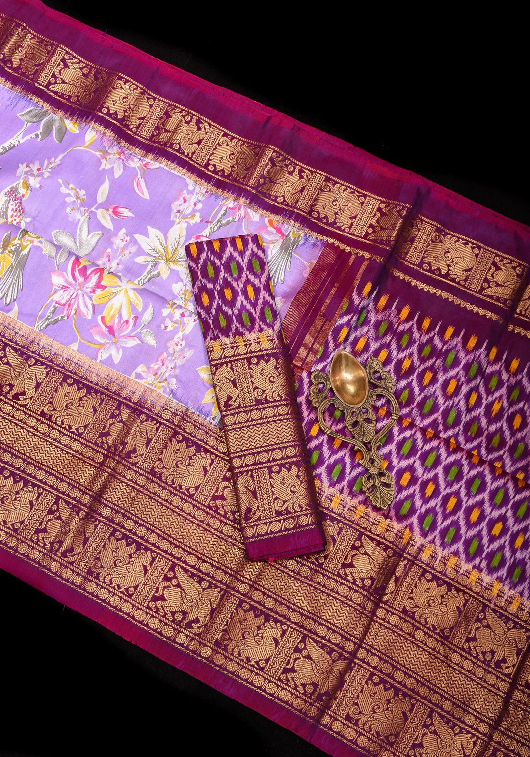 Exquisite Pochampally Ikkat Kanjivaram Pure Silk Digital Print saree in Lavender and Purple with Zari Border  I SILK MARK CERTIFIED
