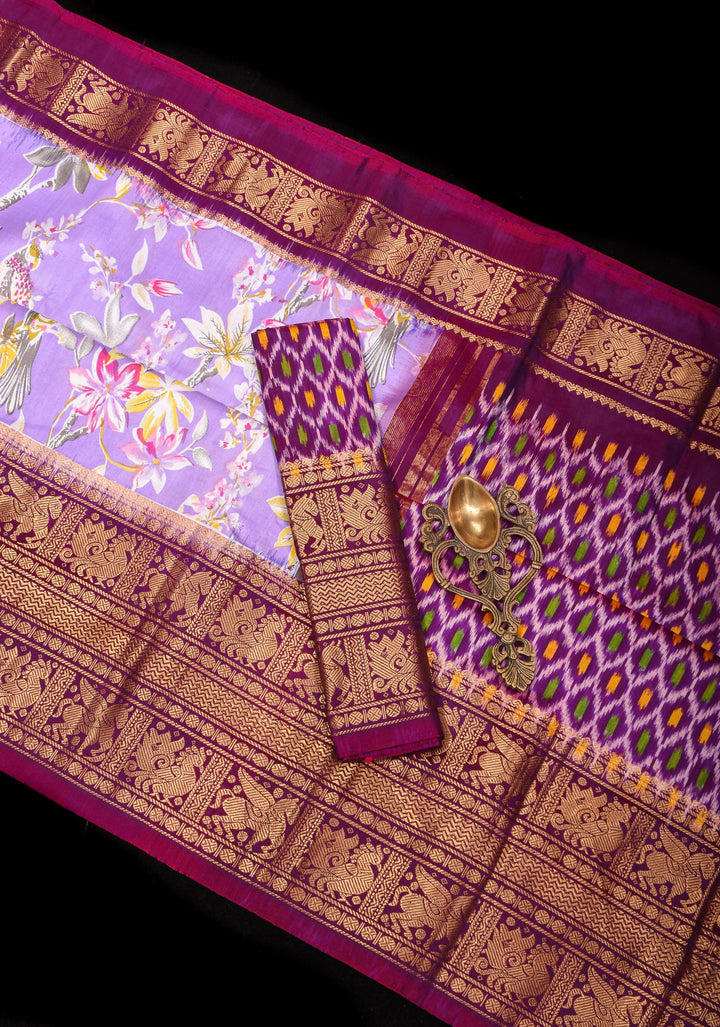 Exquisite Pochampally Ikkat Kanjivaram Pure Silk Digital Print saree in Lavender and Purple with Zari Border  I SILK MARK CERTIFIED