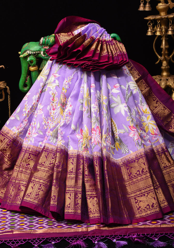 Exquisite Pochampally Ikkat Kanjivaram Pure Silk Digital Print saree in Lavender and Purple with Zari Border  I SILK MARK CERTIFIED