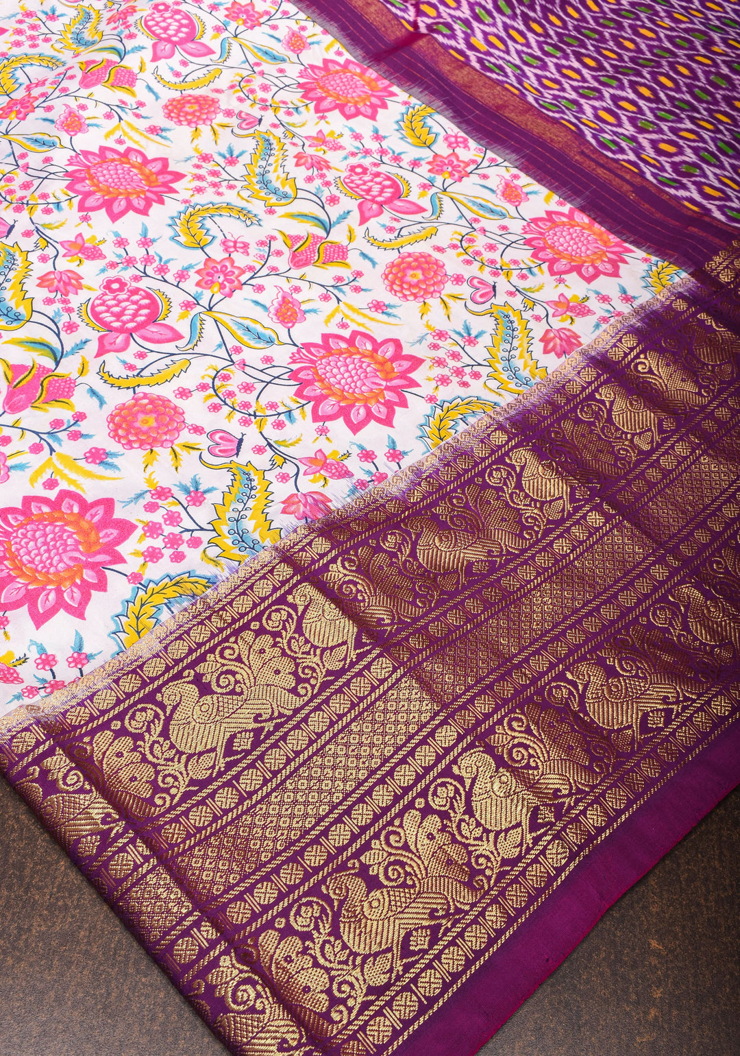 White Kalamkari Digitial Print Ikkat Kanjivaram Fusion Silk Saree with Ikkat Pallu and Zari Border| SILK MARK CERTIFIED
