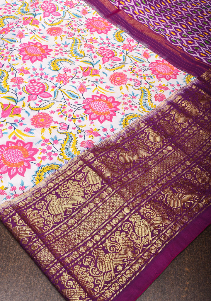 White Kalamkari Digitial Print Ikkat Kanjivaram Fusion Silk Saree with Ikkat Pallu and Zari Border| SILK MARK CERTIFIED