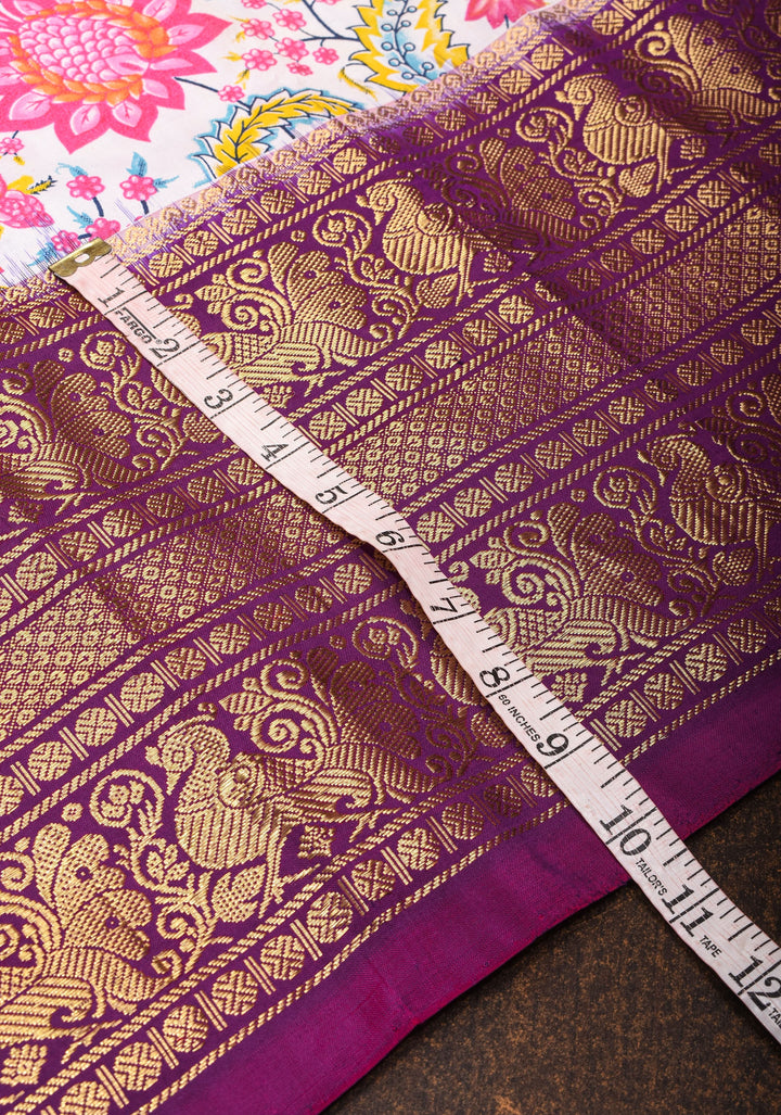 White Kalamkari Digitial Print Ikkat Kanjivaram Fusion Silk Saree with Ikkat Pallu and Zari Border| SILK MARK CERTIFIED