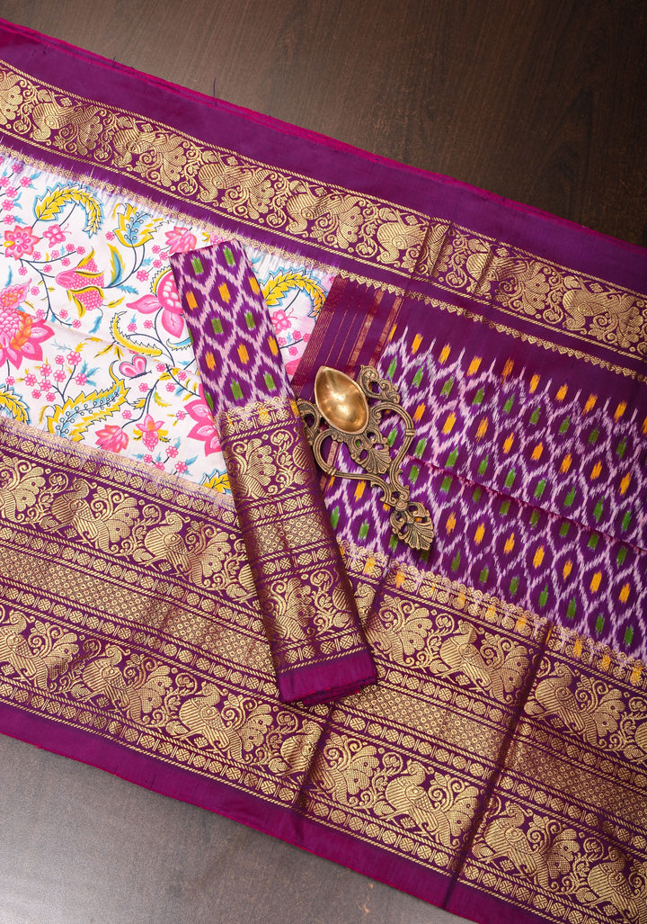 White Kalamkari Digitial Print Ikkat Kanjivaram Fusion Silk Saree with Ikkat Pallu and Zari Border| SILK MARK CERTIFIED