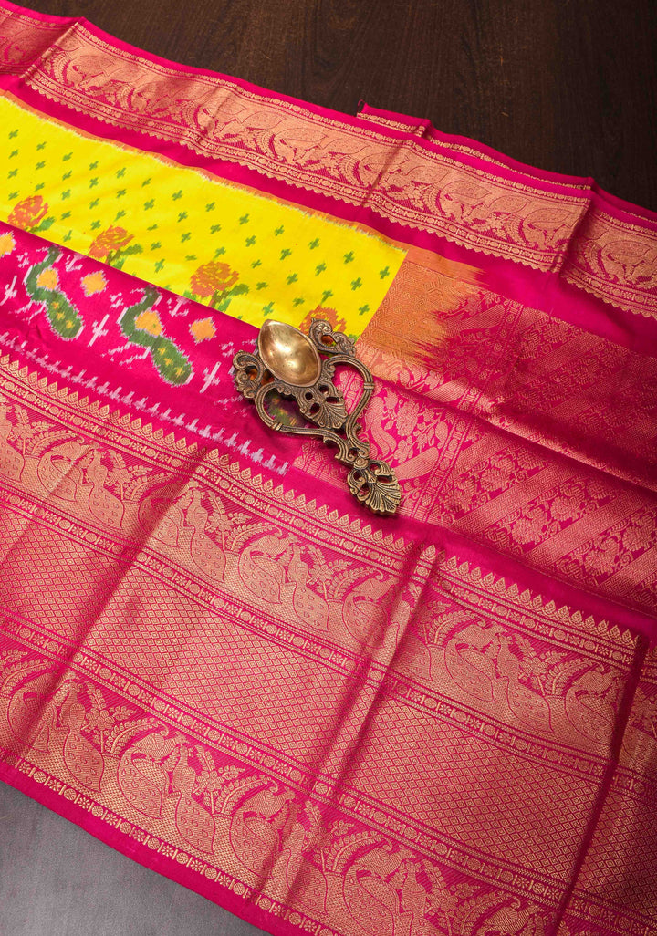 Rose Design Ikat Kanjivaram Pure Silk Handloom Saree in Yellow and Pink| SILK MARK CERTIFIED