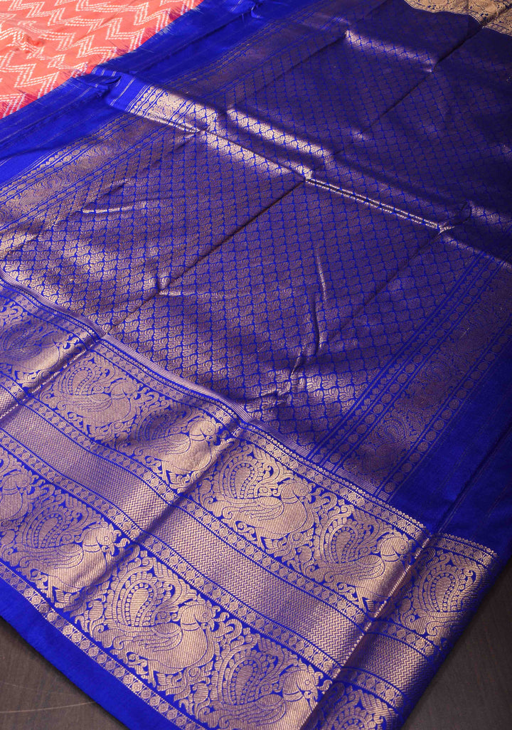 Salmon Peach Ikat Kanjivaram Pure Silk Saree with Chevron Pattern and Blue Ikat Border| SILK MARK CERTIFIED