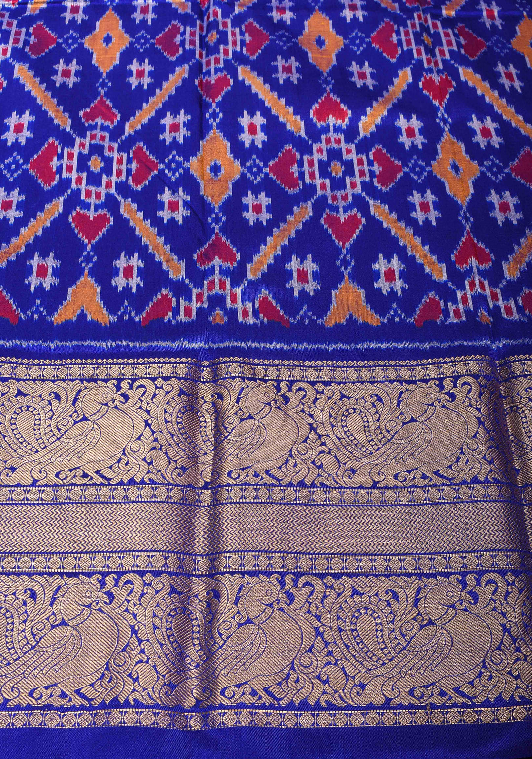 Salmon Peach Ikat Kanjivaram Pure Silk Saree with Chevron Pattern and Blue Ikat Border| SILK MARK CERTIFIED