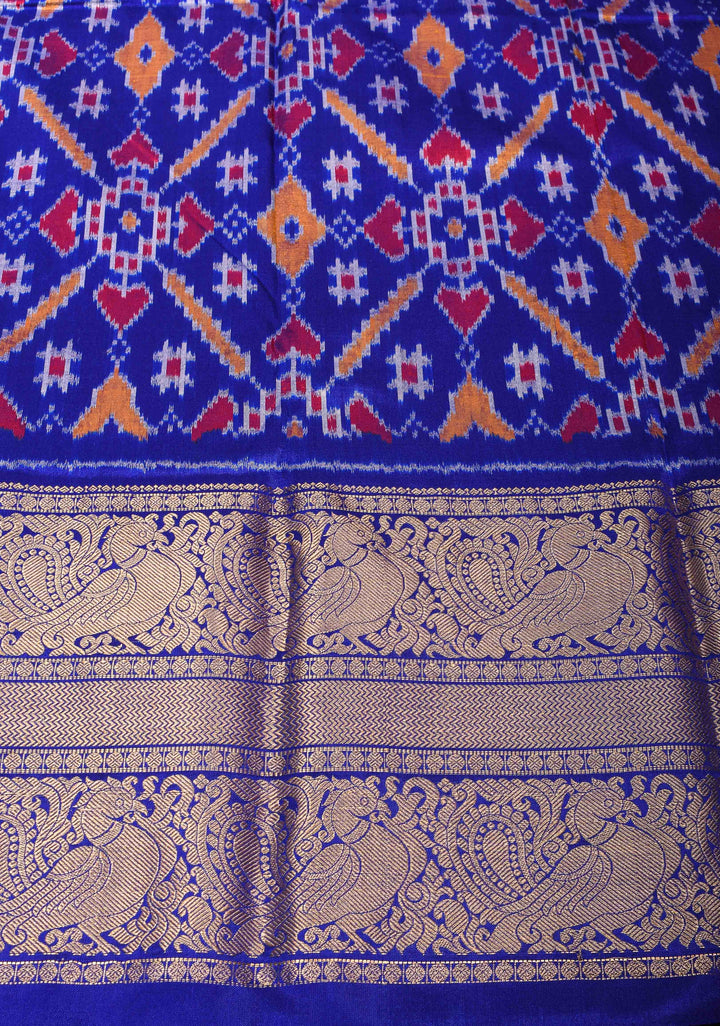 Salmon Peach Ikat Kanjivaram Pure Silk Saree with Chevron Pattern and Blue Ikat Border| SILK MARK CERTIFIED